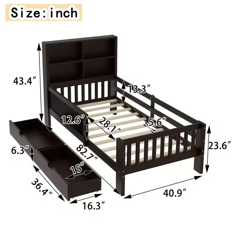 Lit plateforme double/grand format avec tiroirs de rangement et étagères, lit de rangement en bois