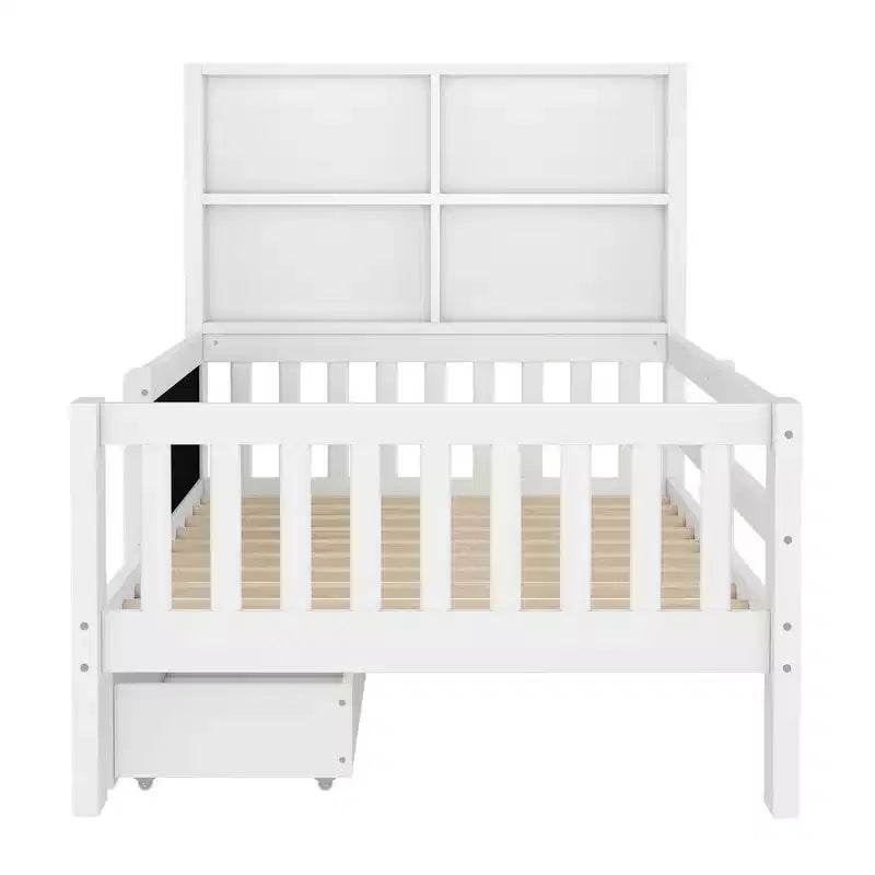 Lit plateforme double/grand format avec tiroirs de rangement et étagères, lit de rangement en bois