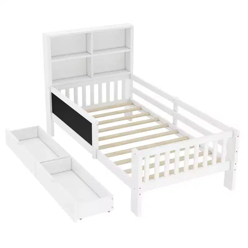 Lit plateforme double/grand format avec tiroirs de rangement et étagères, lit de rangement en bois