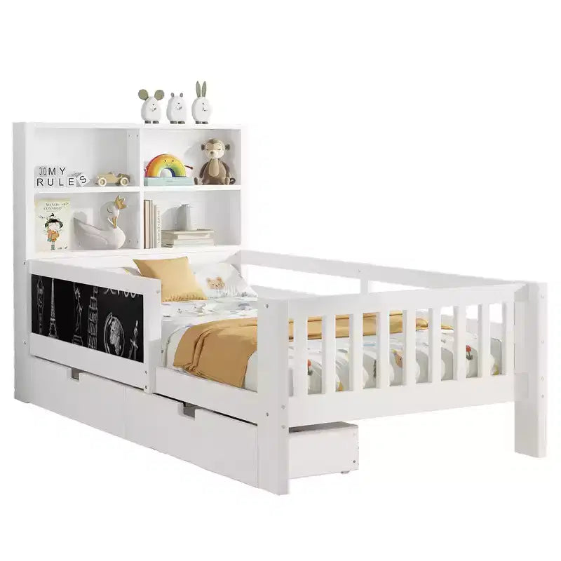 Lit plateforme double/grand format avec tiroirs de rangement et étagères, lit de rangement en bois