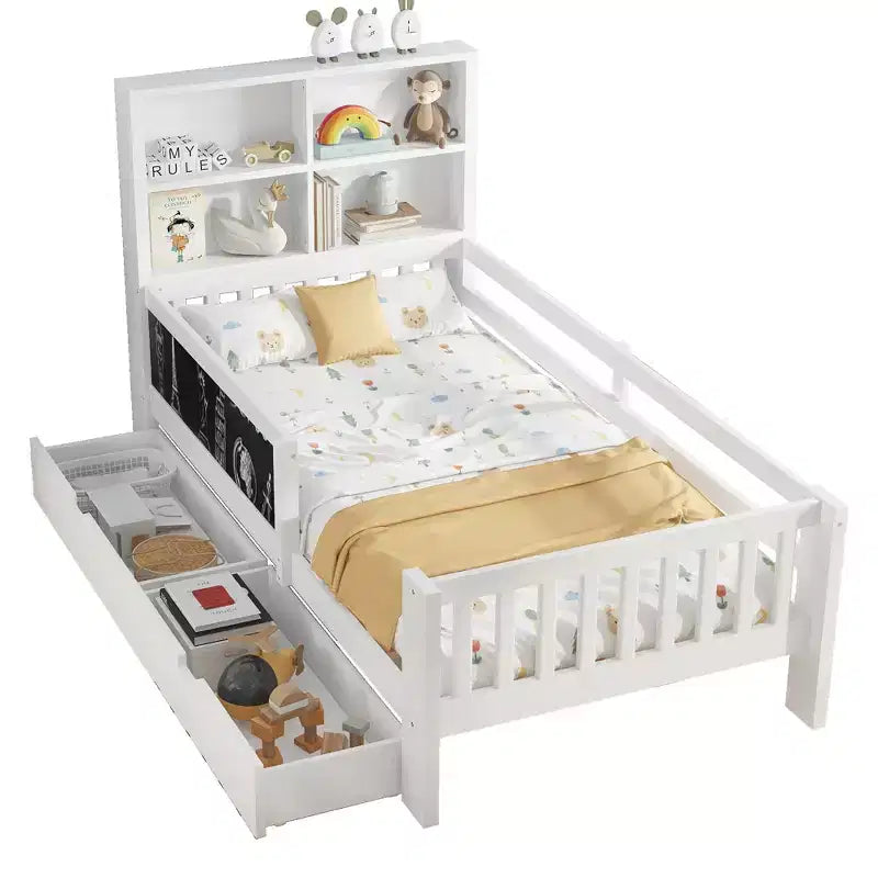Lit plateforme double/grand format avec tiroirs de rangement et étagères, lit de rangement en bois