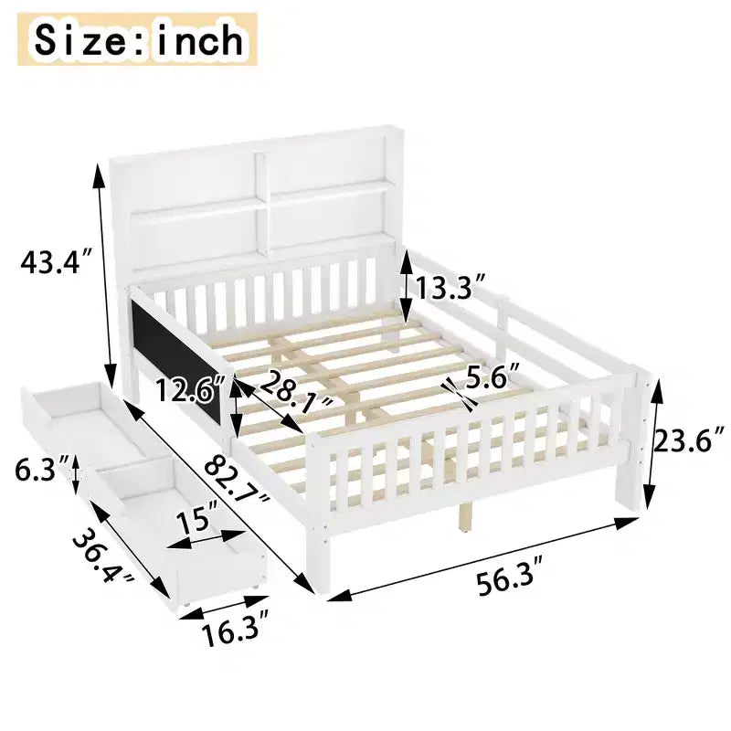 Lit plateforme double/grand format avec tiroirs de rangement et étagères, lit de rangement en bois