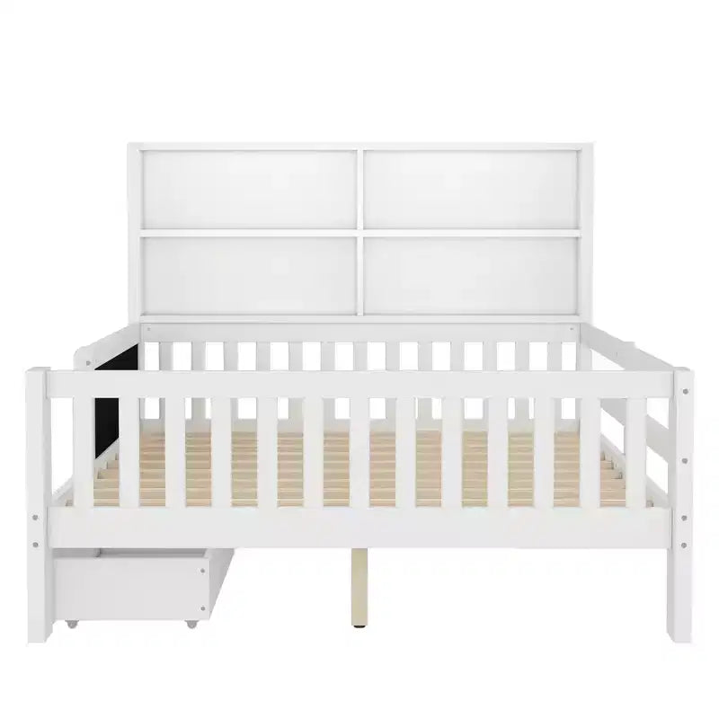 Lit plateforme double/grand format avec tiroirs de rangement et étagères, lit de rangement en bois