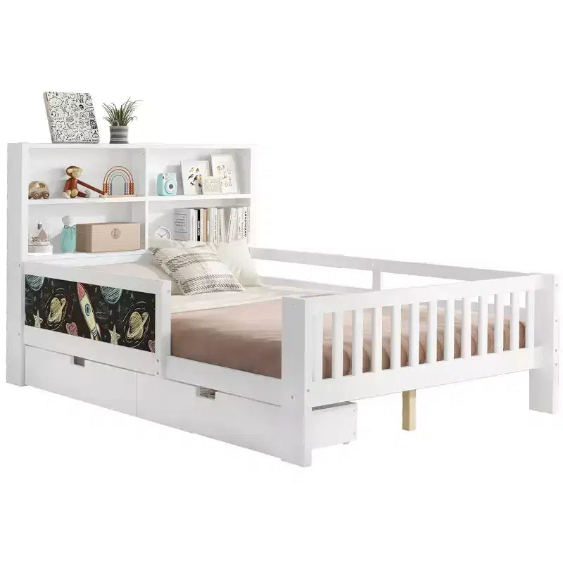 Lit plateforme double/grand format avec tiroirs de rangement et étagères, lit de rangement en bois