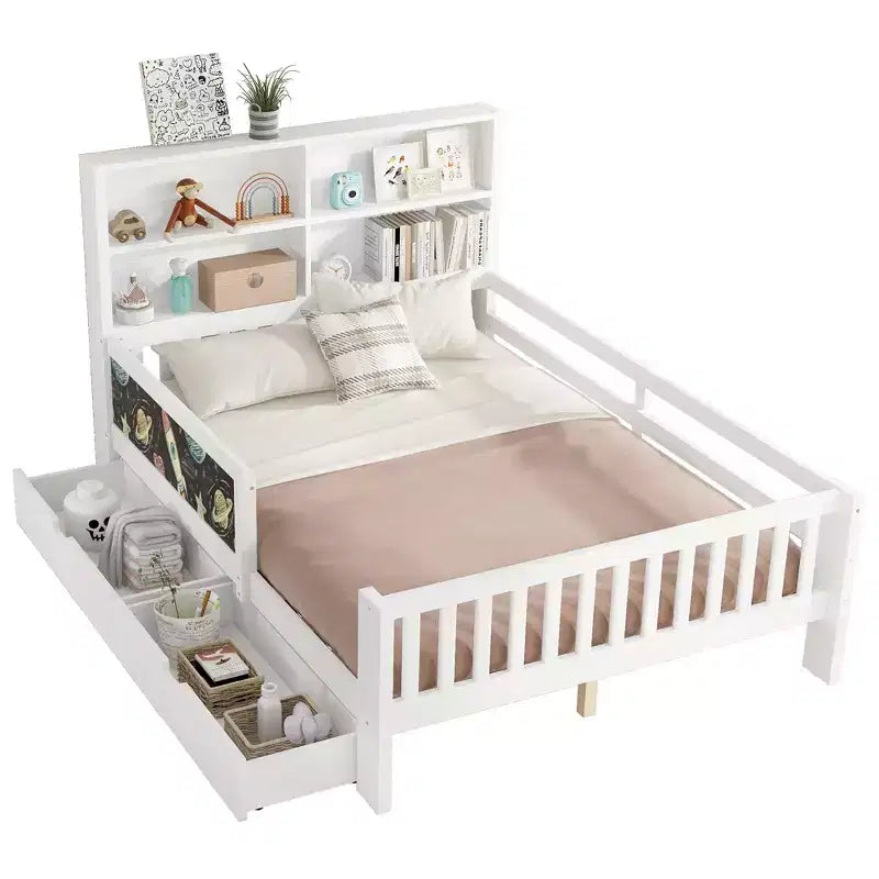 Lit plateforme double/grand format avec tiroirs de rangement et étagères, lit de rangement en bois
