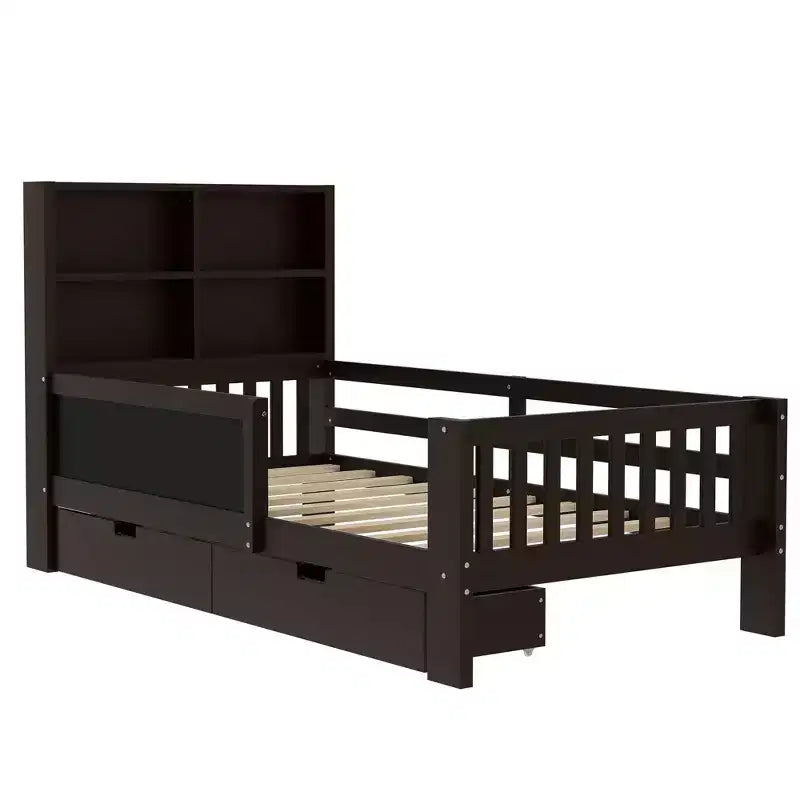 Lit plateforme double/grand format avec tiroirs de rangement et étagères, lit de rangement en bois