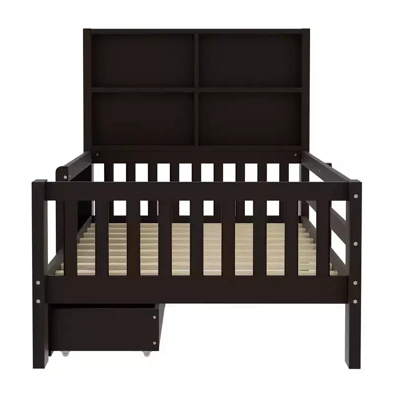 Lit plateforme double/grand format avec tiroirs de rangement et étagères, lit de rangement en bois