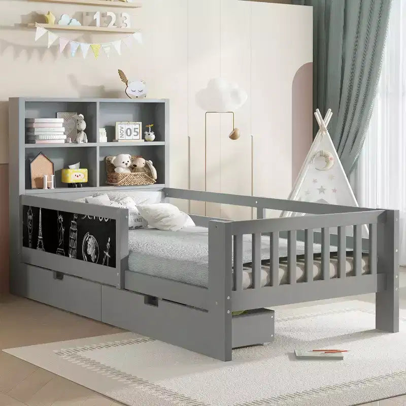 Lit plateforme double/grand format avec tiroirs de rangement et étagères, lit de rangement en bois