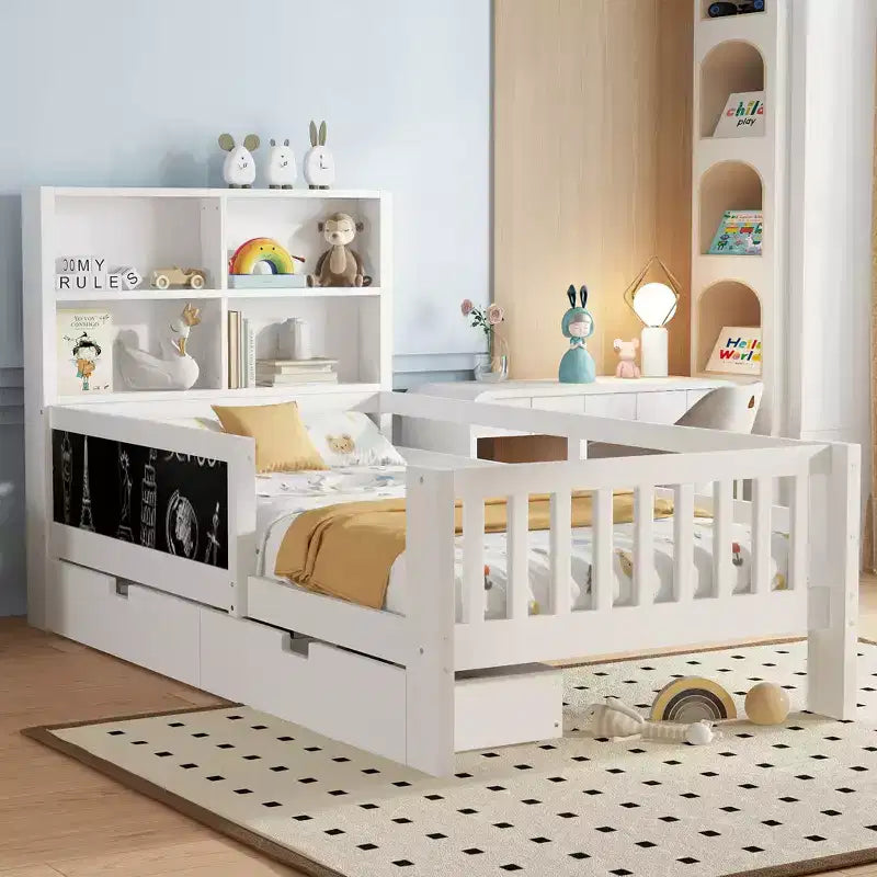 Lit plateforme double/grand format avec tiroirs de rangement et étagères, lit de rangement en bois