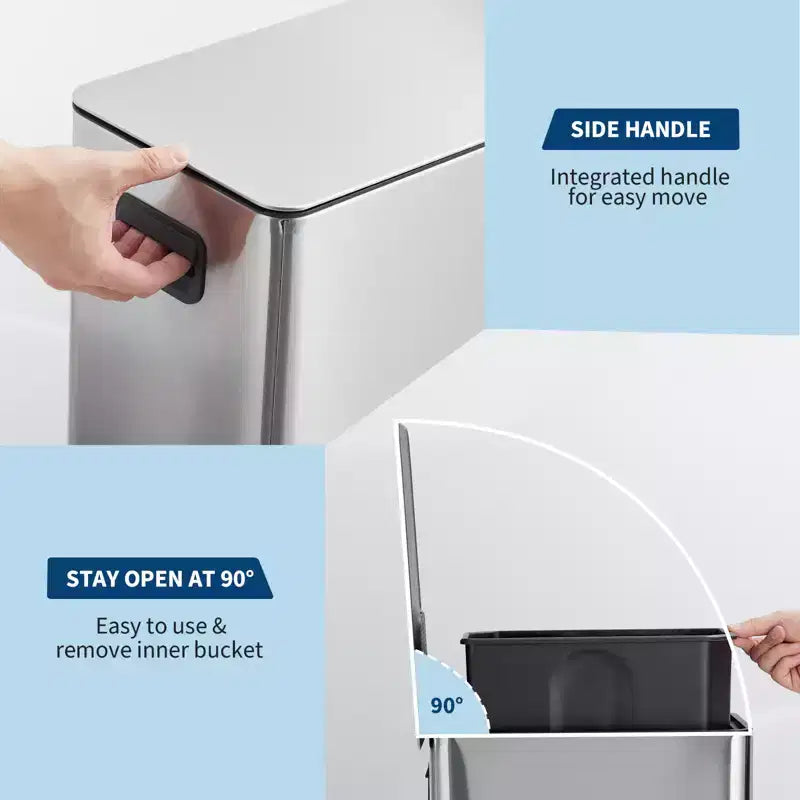 Poubelle à pédale Slim Soft-Close 15 L (4 gallons) en acier inoxydable pour l'intérieur