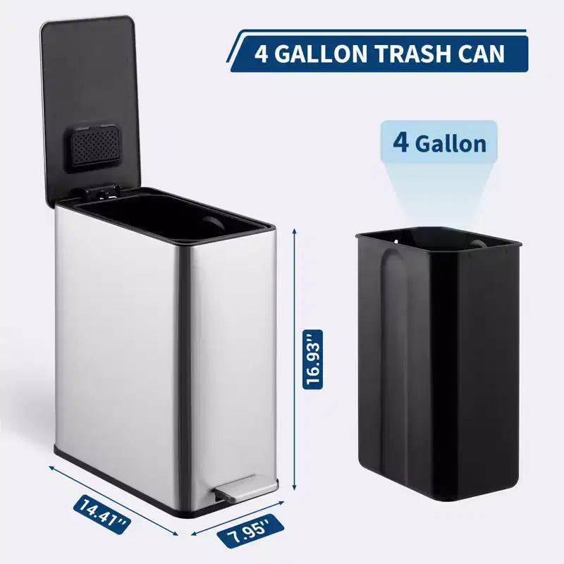 Poubelle à pédale Slim Soft-Close 15 L (4 gallons) en acier inoxydable pour l'intérieur