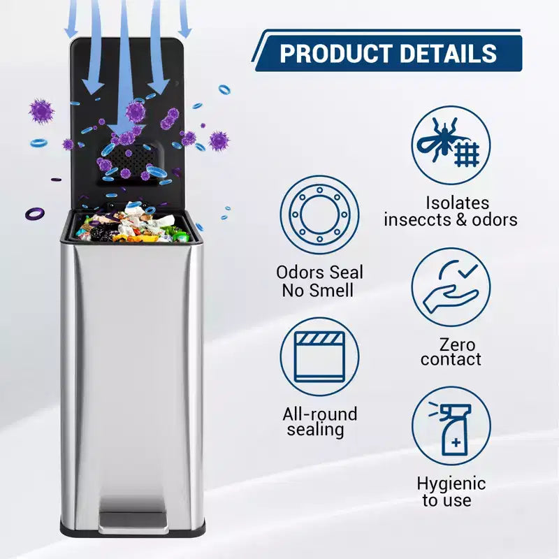 Poubelle à pédale Slim Soft-Close 15 L (4 gallons) en acier inoxydable pour l'intérieur
