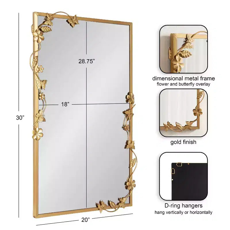 Miroir Rectangulaire Floral en Métal, Doré