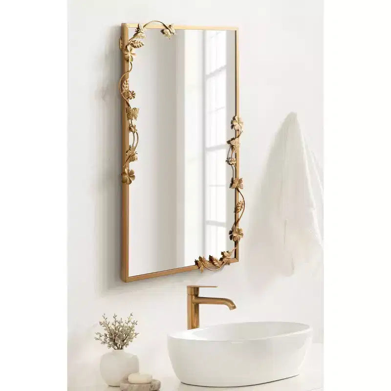 Miroir Rectangulaire Floral en Métal, Doré