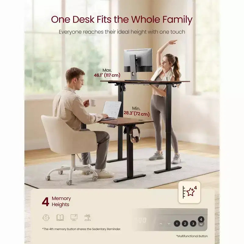 Bureau électrique réglable en hauteur, Rappel de sédentarité, 4 hauteurs mémorisables