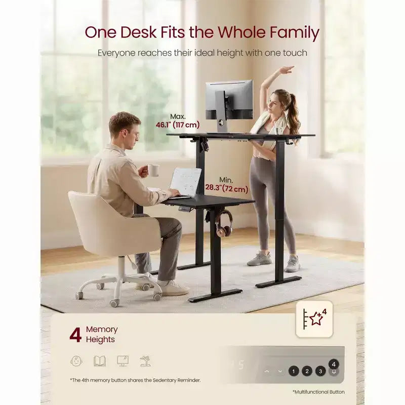 Bureau électrique réglable en hauteur, Rappel de sédentarité, 4 hauteurs mémorisables