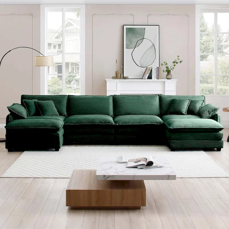 Green 6-piece Oversized Corduroy Upholstered U-Shaped Modular Sectional Sofa with 2 Removable Ottoman and Free Combination