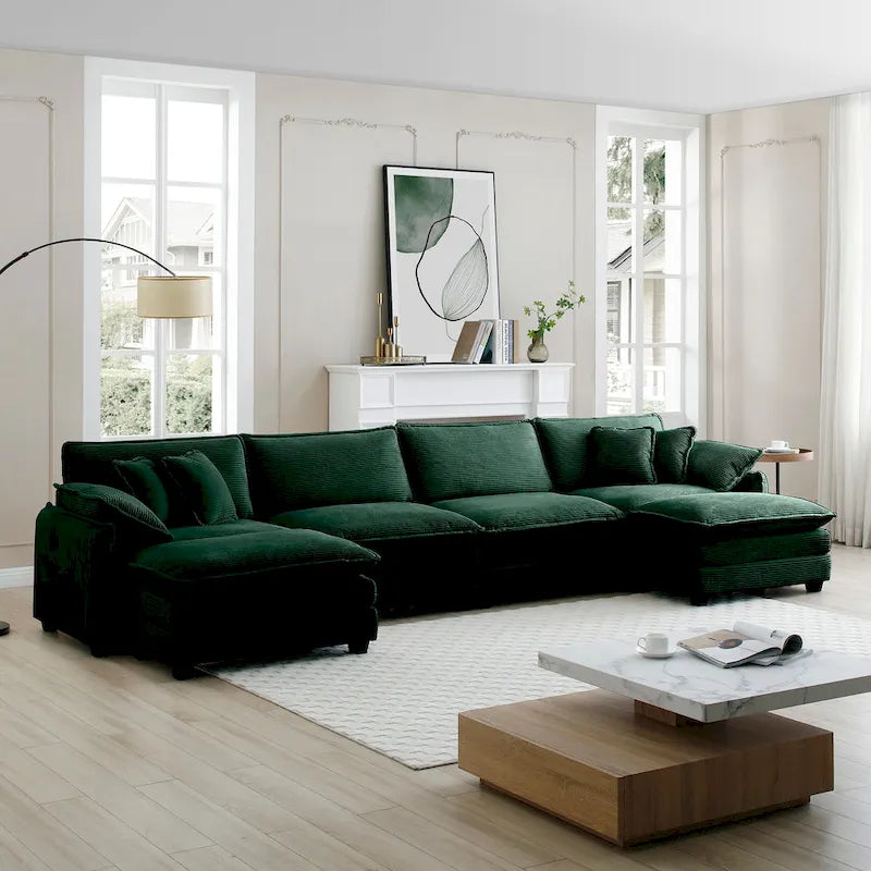 Green 6-piece Oversized Corduroy Upholstered U-Shaped Modular Sectional Sofa with 2 Removable Ottoman and Free Combination