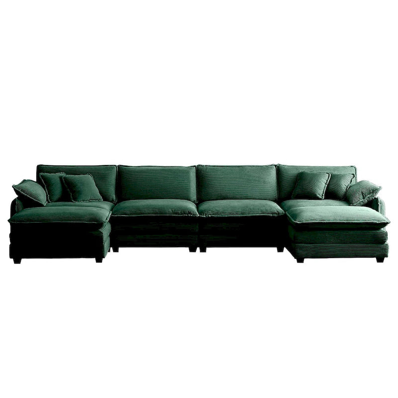 Green 6-piece Oversized Corduroy Upholstered U-Shaped Modular Sectional Sofa with 2 Removable Ottoman and Free Combination