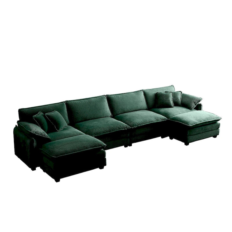 Green 6-piece Oversized Corduroy Upholstered U-Shaped Modular Sectional Sofa with 2 Removable Ottoman and Free Combination