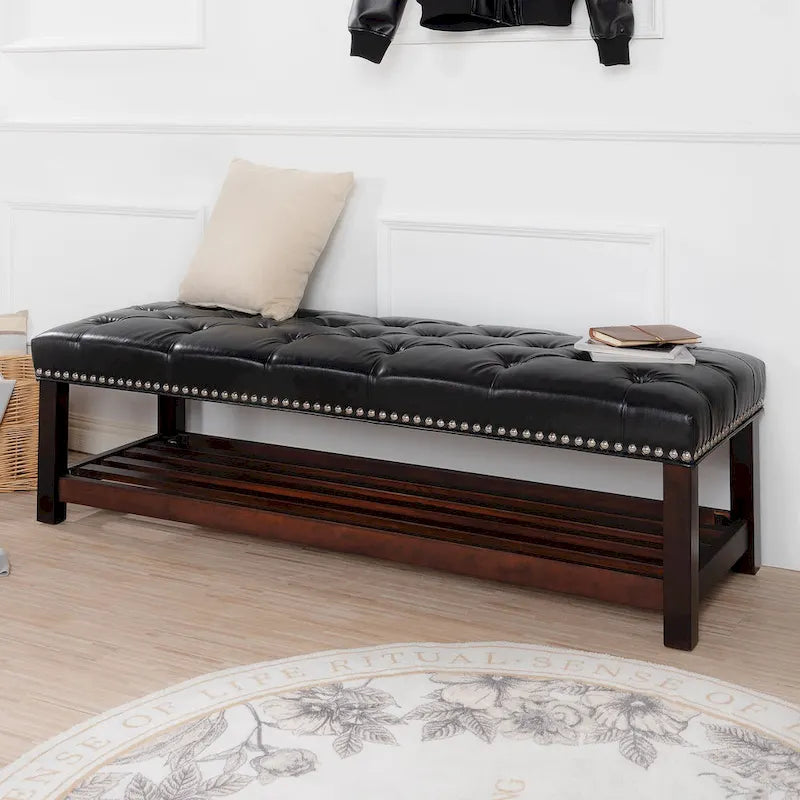 Christopher Knight Home - Florian Tufted Upholstered End of Bed Bench with Nailhead Trim and Shelf