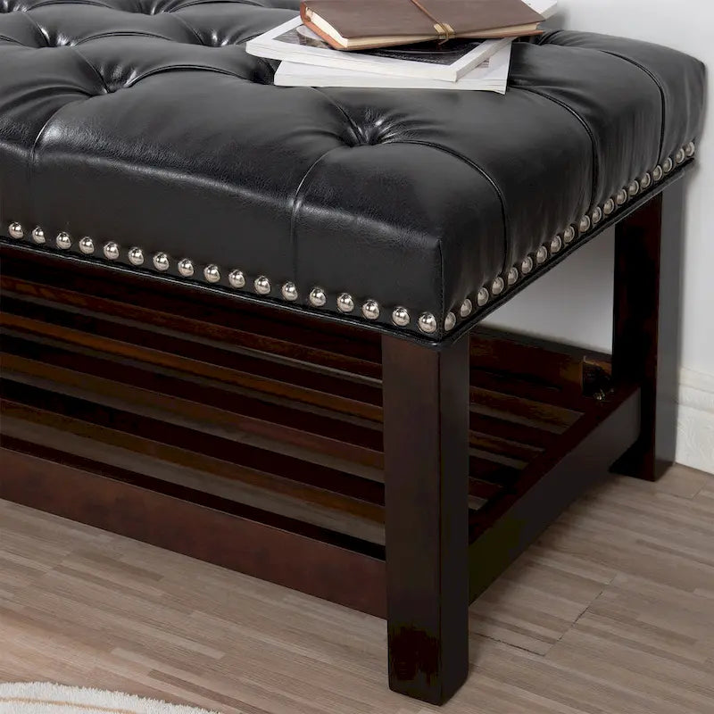 Christopher Knight Home - Florian Tufted Upholstered End of Bed Bench with Nailhead Trim and Shelf