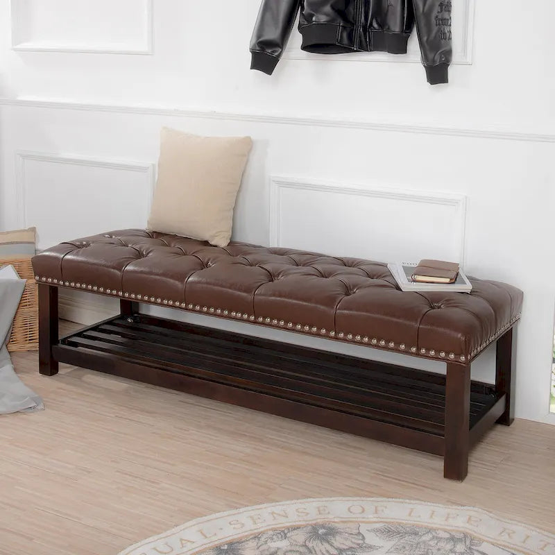Christopher Knight Home - Florian Tufted Upholstered End of Bed Bench with Nailhead Trim and Shelf
