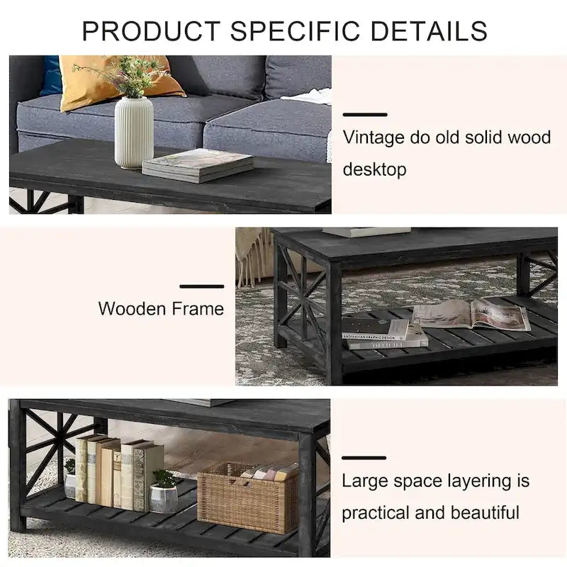 GDFStudio - Nathaniel Rustic Wood Coffee Table with Spacious Storage - 47.24 W x 23.62 D x 19.68 H