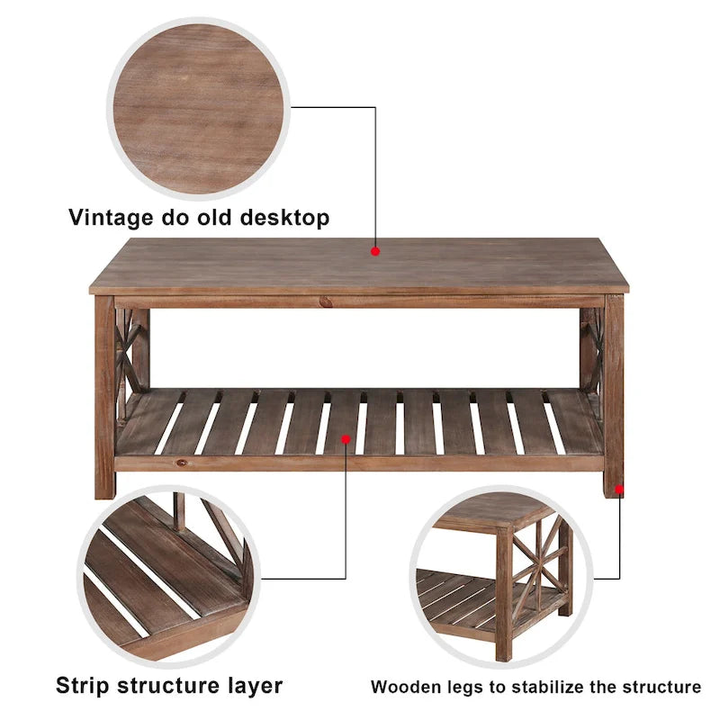 GDFStudio - Nathaniel Rustic Wood Coffee Table with Spacious Storage - 47.24 W x 23.62 D x 19.68 H