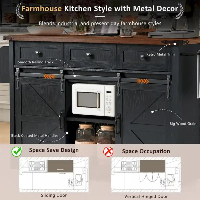 53.7 Farmhouse Kitchen Island With Power Outlet, 2 Sliding Barn Door, Kitchen Storage Island With Drop Leaf, Spice Rack