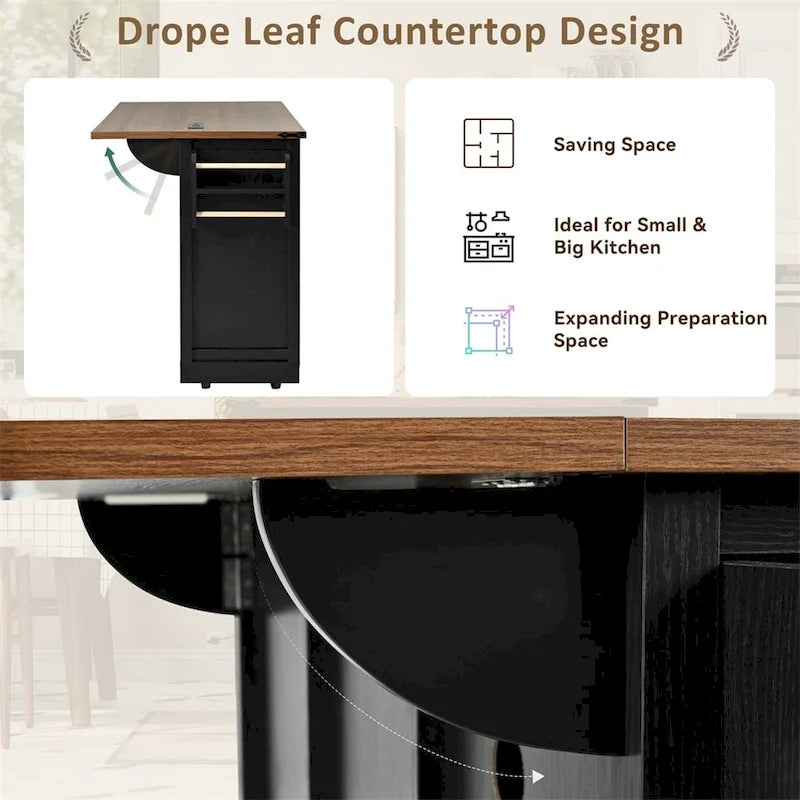 53.7 Farmhouse Kitchen Island With Power Outlet, 2 Sliding Barn Door, Kitchen Storage Island With Drop Leaf, Spice Rack