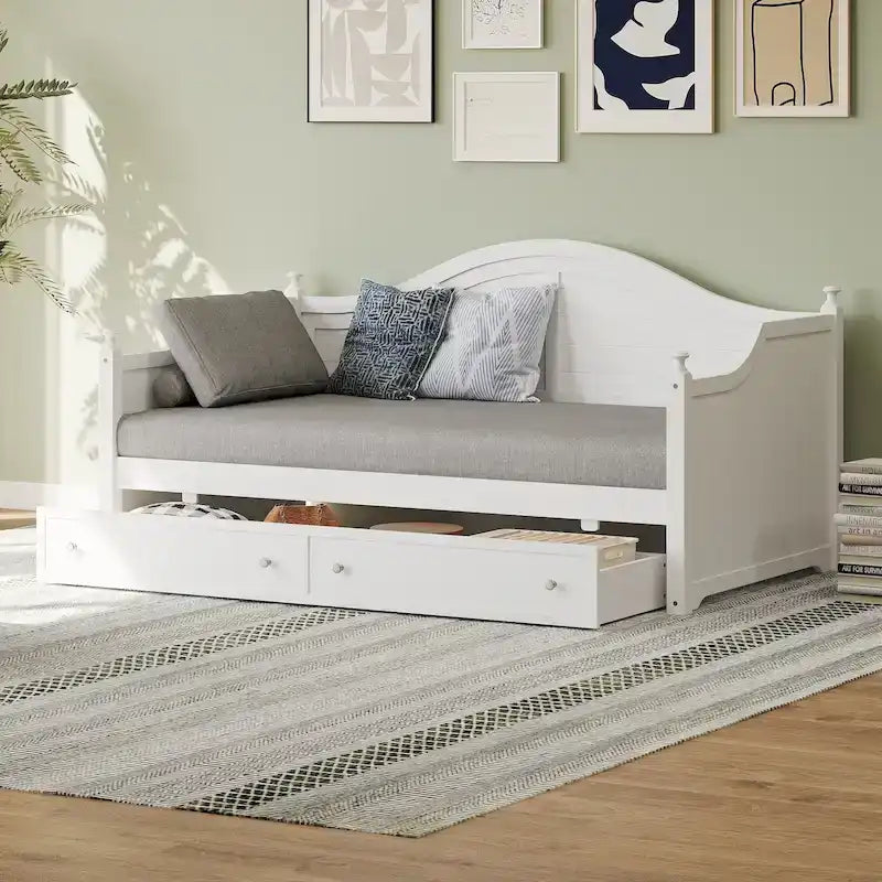 Roomfitters Twin Size Wood Daybed, 2 Storage Drawers, Handrail Frame, Living Room or Bedroom