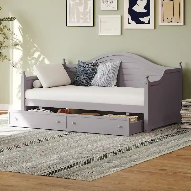 Roomfitters Twin Size Wood Daybed, 2 Storage Drawers, Handrail Frame, Living Room or Bedroom