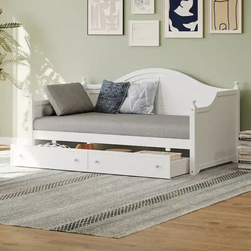 Roomfitters Twin Size Wood Daybed, 2 Storage Drawers, Handrail Frame, Living Room or Bedroom