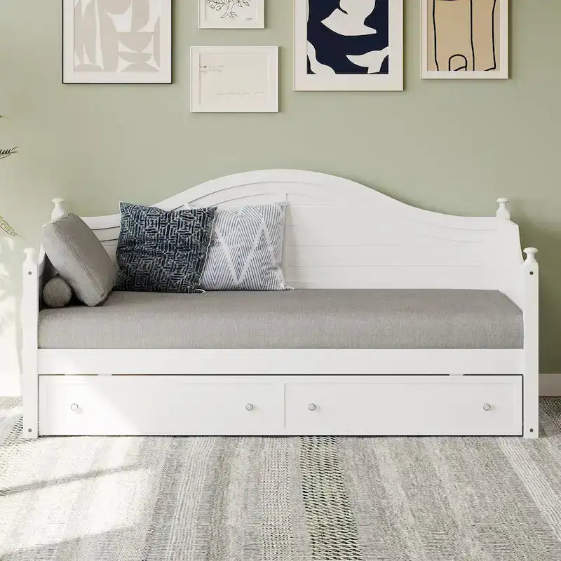 Roomfitters Twin Size Wood Daybed, 2 Storage Drawers, Handrail Frame, Living Room or Bedroom