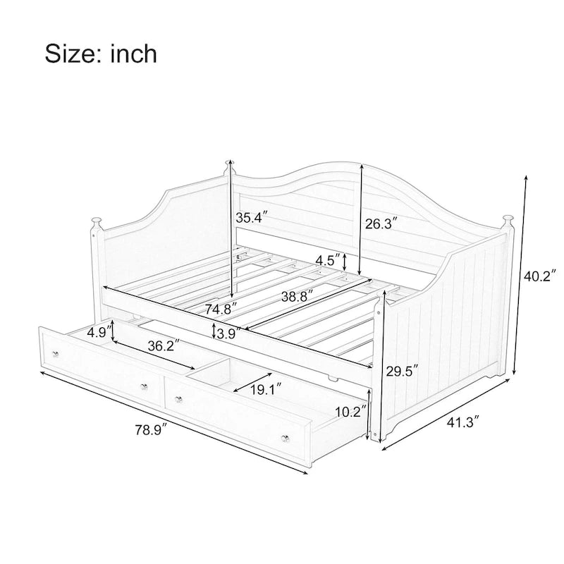 Roomfitters Twin Size Wood Daybed, 2 Storage Drawers, Handrail Frame, Living Room or Bedroom