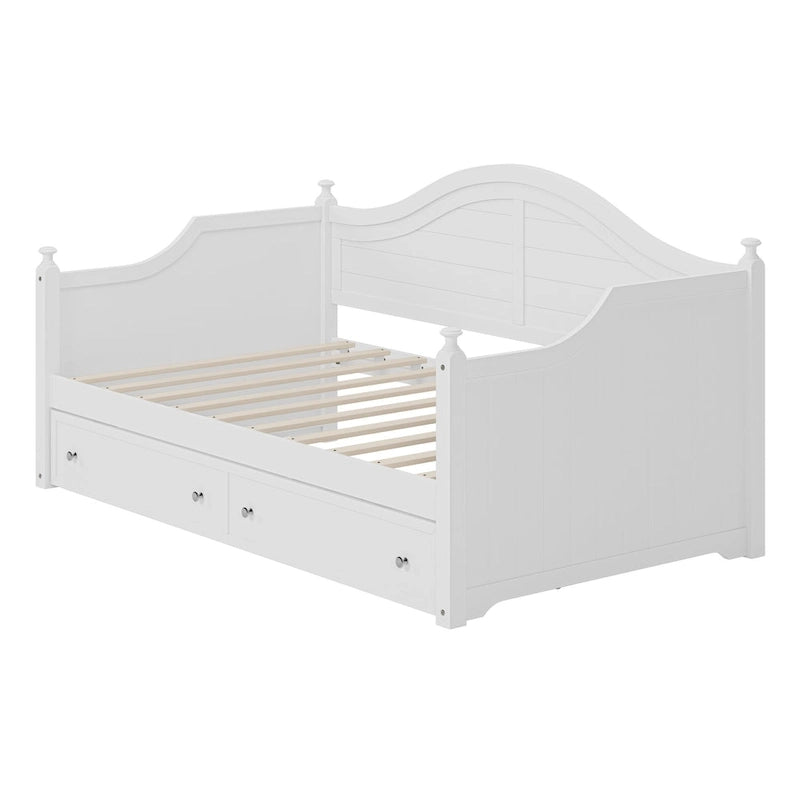 Roomfitters Twin Size Wood Daybed, 2 Storage Drawers, Handrail Frame, Living Room or Bedroom