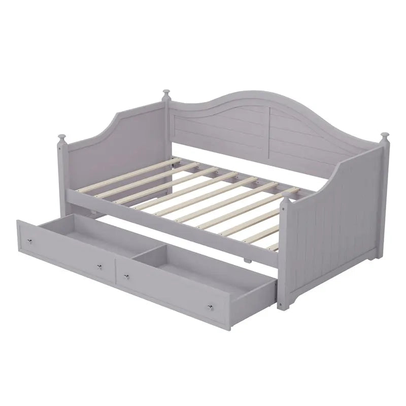 Roomfitters Twin Size Wood Daybed, 2 Storage Drawers, Handrail Frame, Living Room or Bedroom
