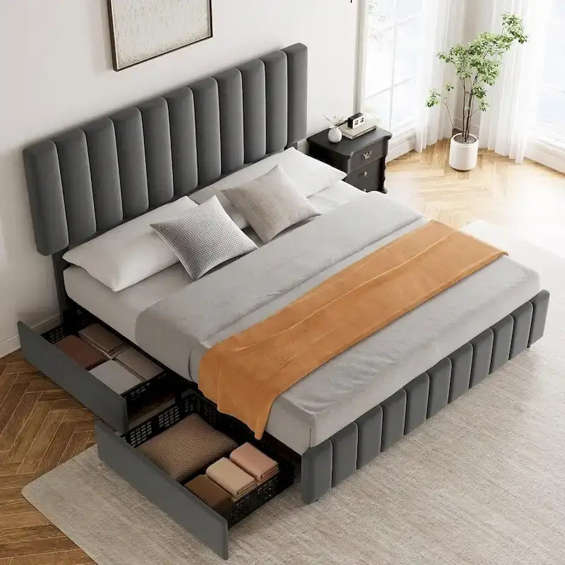 Grey Queen Linen Upholstered Bed Frame with 4 Storage Drawers