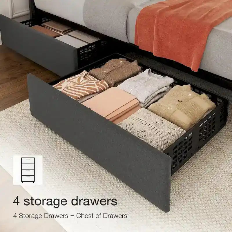 Grey Queen Linen Upholstered Bed Frame with 4 Storage Drawers