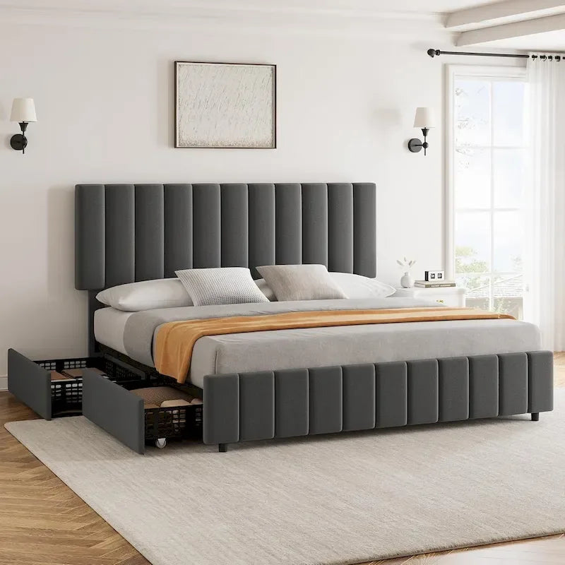 Grey Queen Linen Upholstered Bed Frame with 4 Storage Drawers