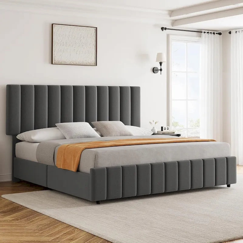 Grey Queen Linen Upholstered Bed Frame with 4 Storage Drawers