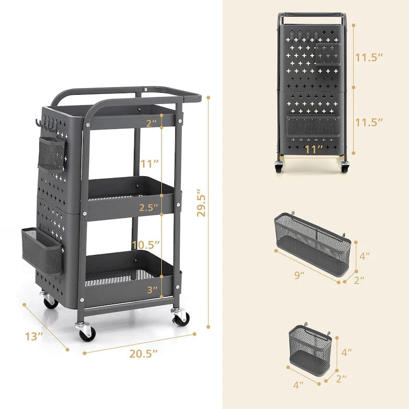 Gymax 3-Tier Utility Storage Cart Metal Rolling Trolley w/ DIY
