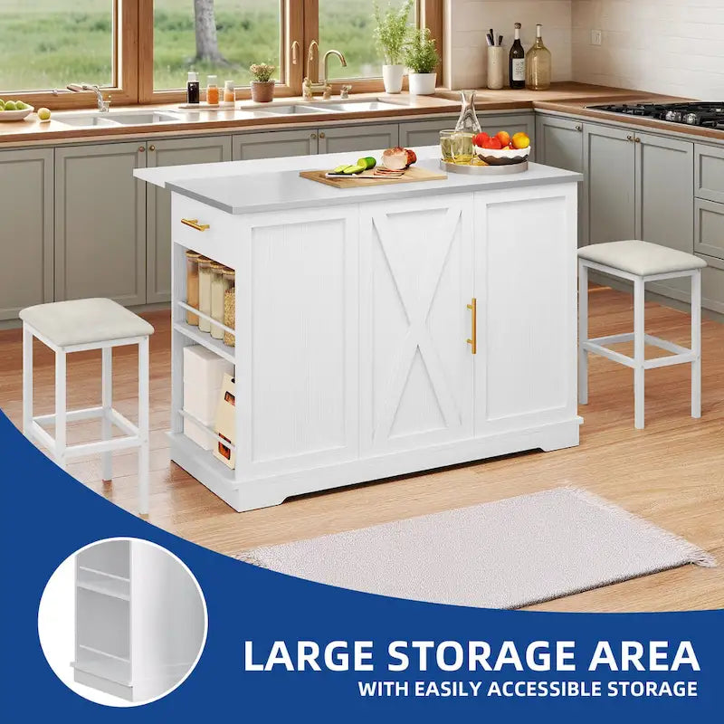 Moasis Rolling Kitchen Island with Trash Can Storage Cabinet and 2 Bar Stools