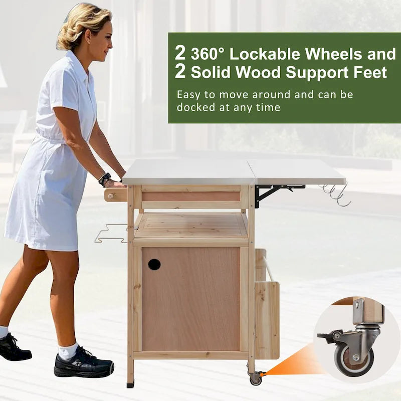 40.5 Outdoor Grill Cart with Stainless Steel Top, Rolling Buffet Serving Cart with Drop Leaf, Patio Kitchen Island Cart
