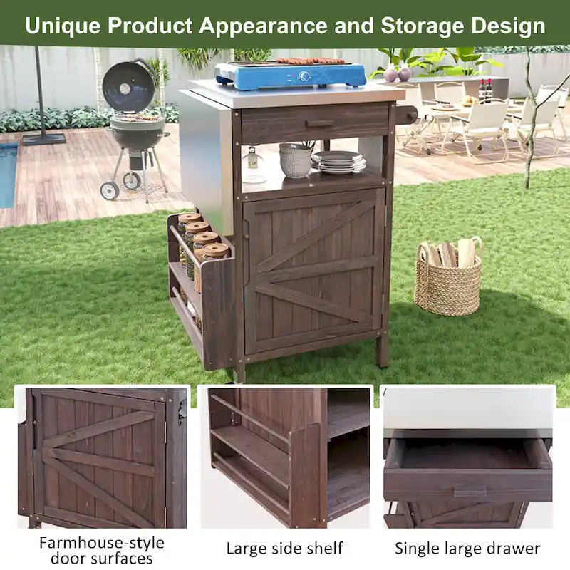 40.5 Outdoor Grill Cart with Stainless Steel Top, Rolling Buffet Serving Cart with Drop Leaf, Patio Kitchen Island Cart
