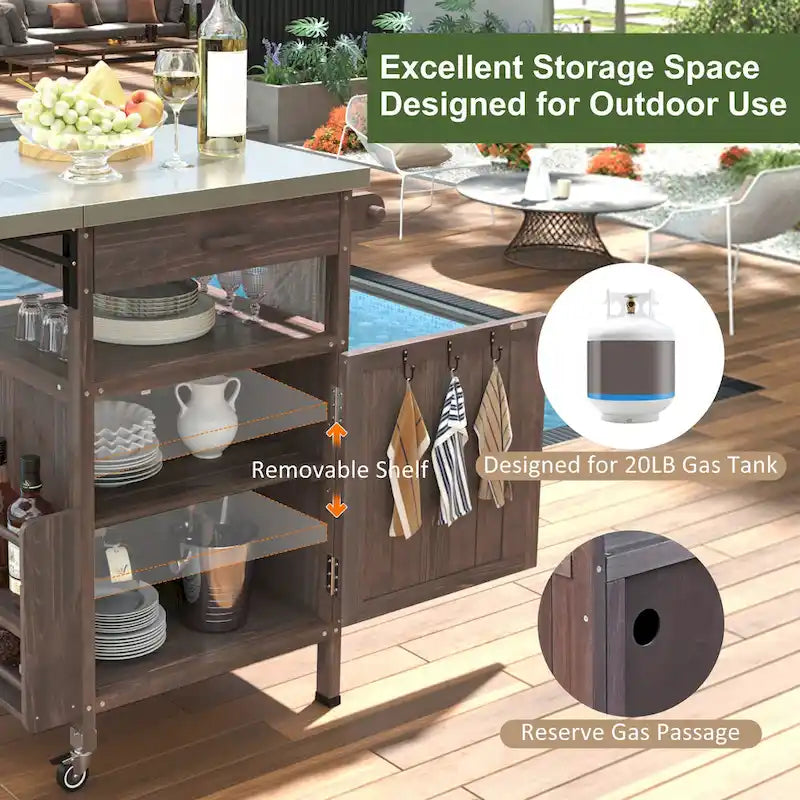 40.5 Outdoor Grill Cart with Stainless Steel Top, Rolling Buffet Serving Cart with Drop Leaf, Patio Kitchen Island Cart
