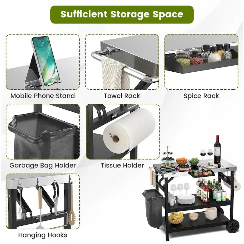 Gymax 3-Shelf Movable Grill Cart Table Home & Outdoor Multifunctional