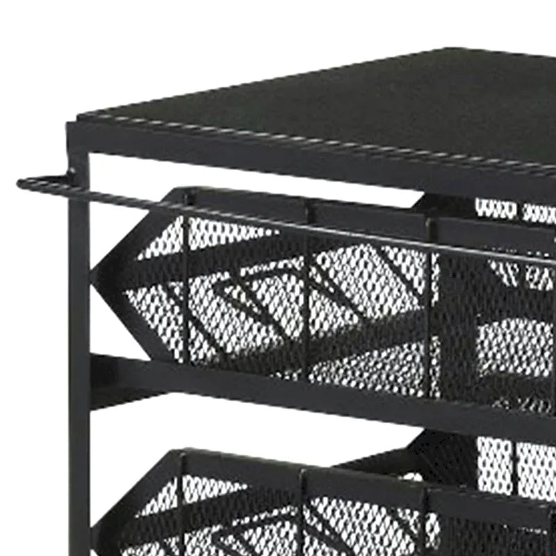 39 Inch Storage Cart, Lockable Caster Wheels, Wood Grain Details, Black