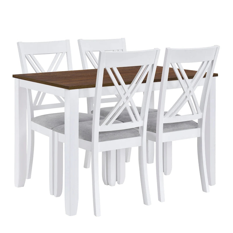 5 Piece Wood Table and Chair Set, Kitchen Dining Table Set for 4 with Rectangle Table and 4 X-Back Upholstered Chairs